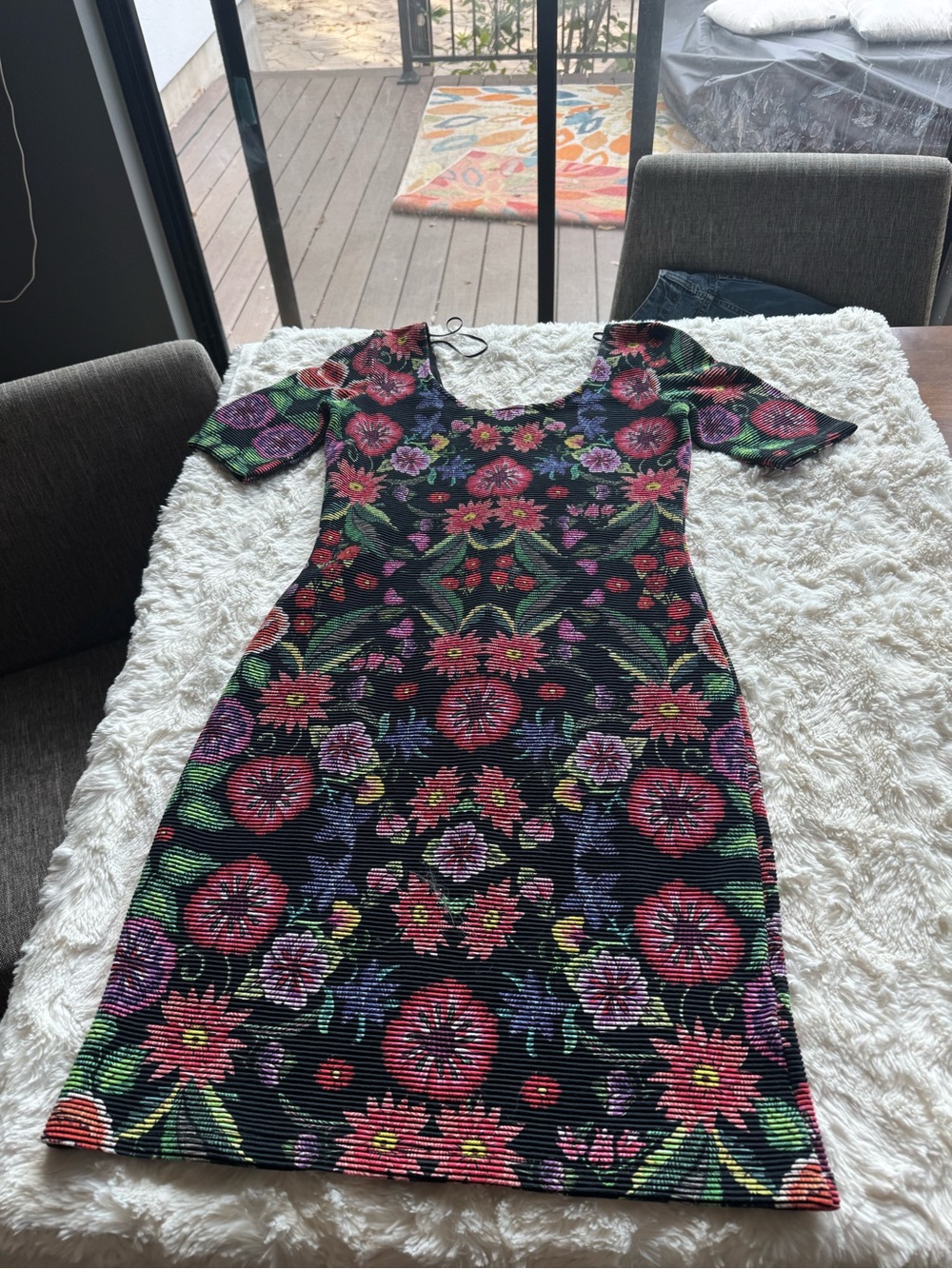 Desigual Black Floral Midi Dress with Pink, Red & Green Motif